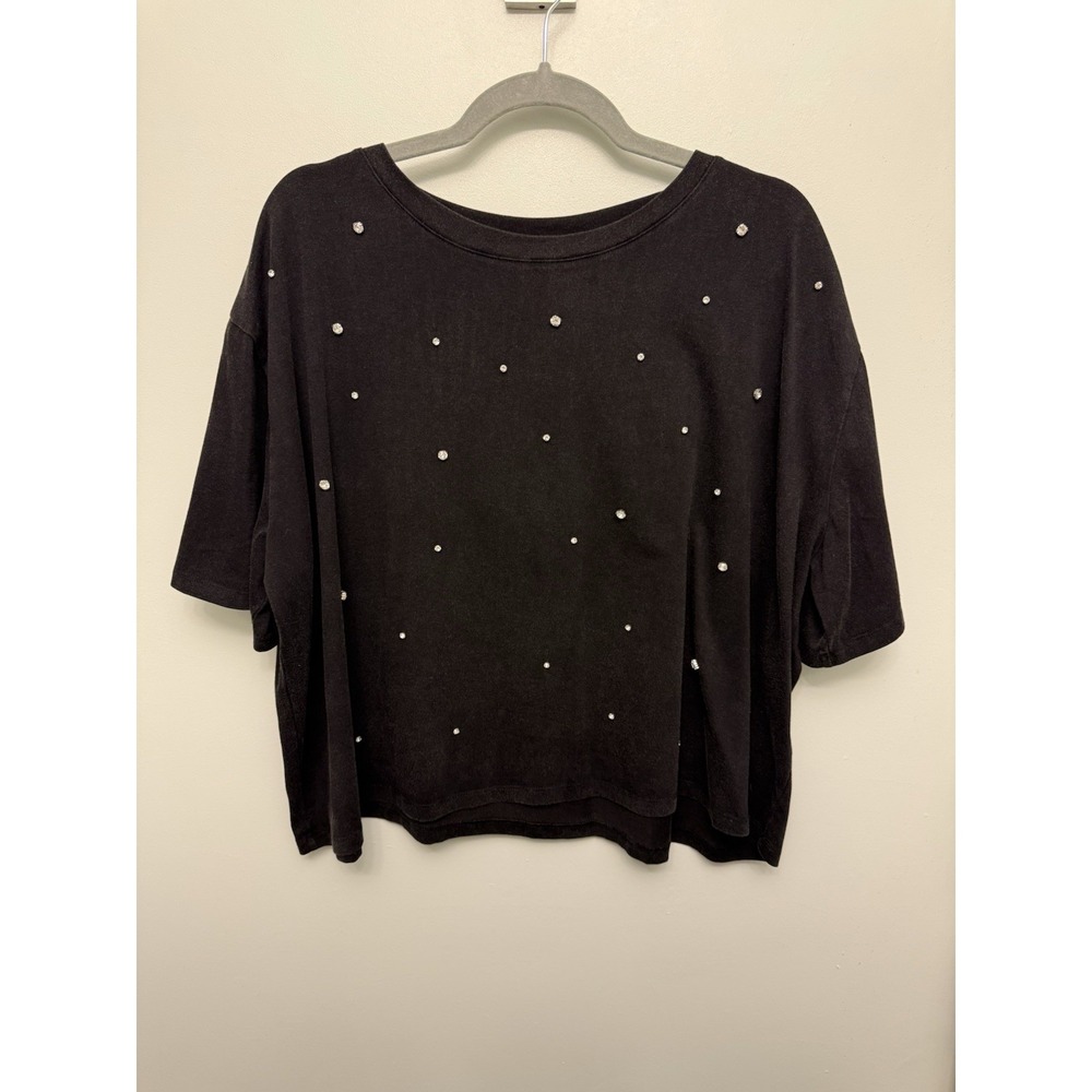BaeVely Rhinestone Cropped Tee Large Black Oversized Shirt Crystal Sparkle NWOT